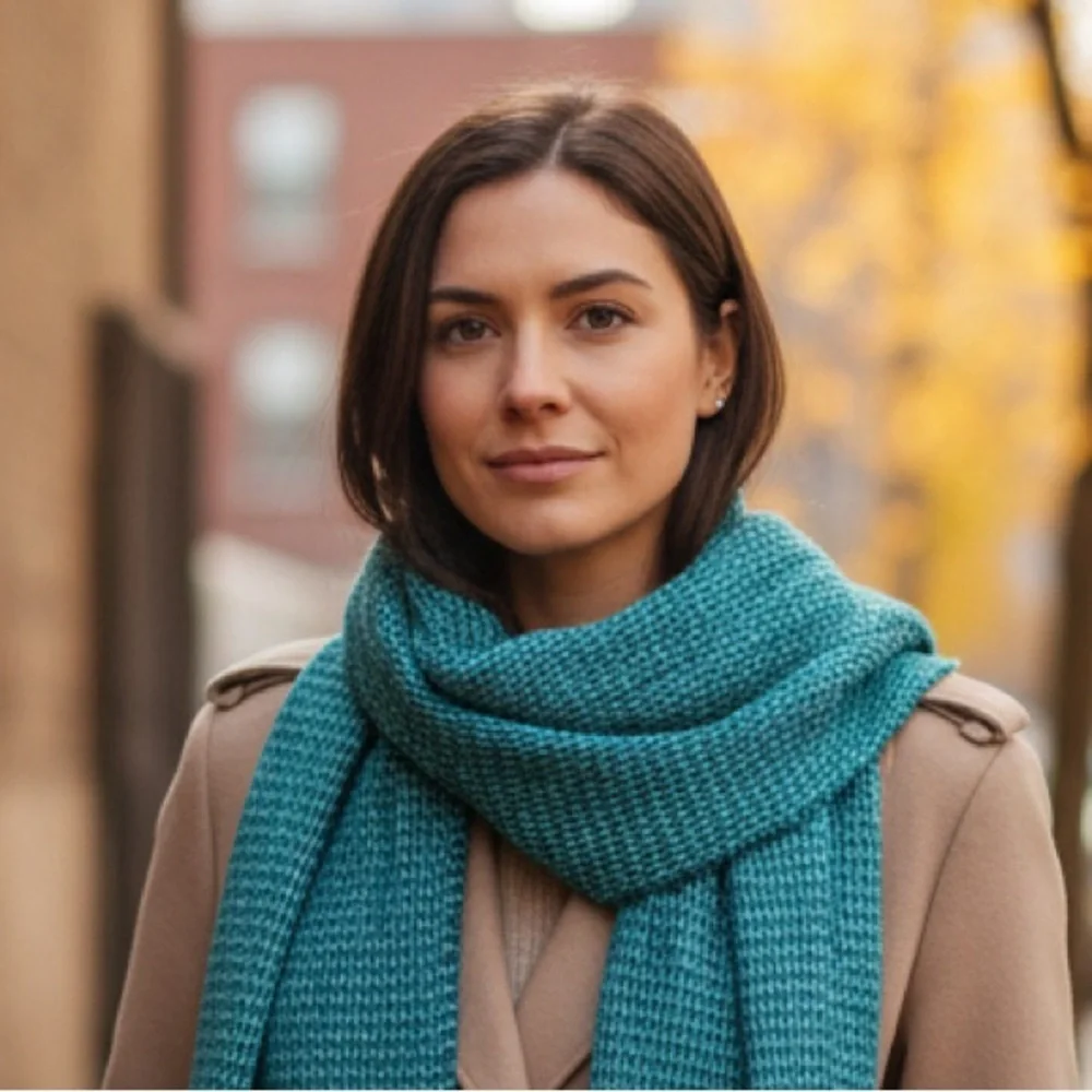 Land’s End NWT Teal Aqua Turquoise Checked Woven Scarf. Soft & Lightweight Blue